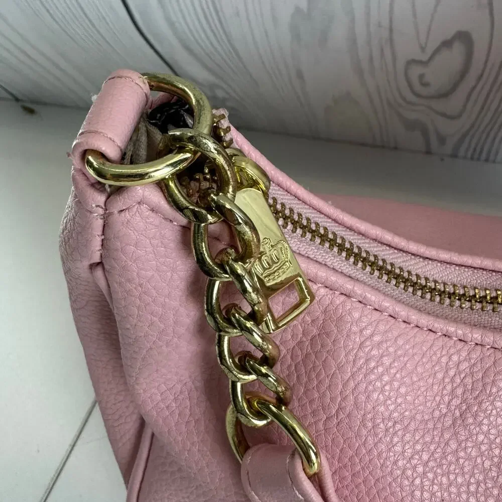 Juicy Couture Shoulder Bag Dusty Blush Gold Name Logo Chain Pebbled